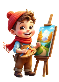 petit bonhomme avec un bonnet et une écharpe qui se tient devant une toile et tient une palette de peinture