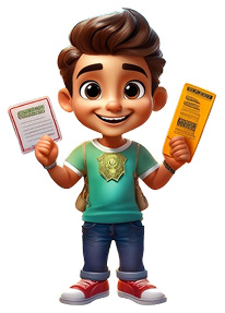 petit bonhomme content qui tient son permis et son bulletin dans chaque main et qui sourit