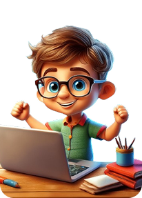 petit bonhomme qui est devant son odinateur sur le bureau avec des lunettes, qui sourit et qui lève les mains fièrement