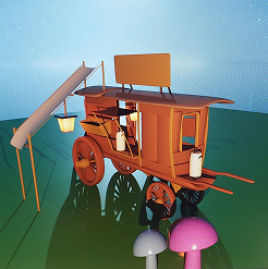 chariot en bois avec un paysage derrière fait en 3D