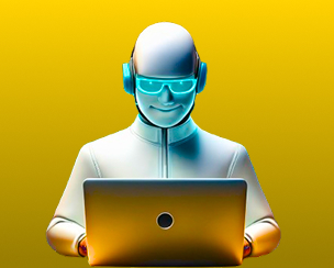 une intelligence artificielle qui est devant son ordinateur et sur un fond jaune